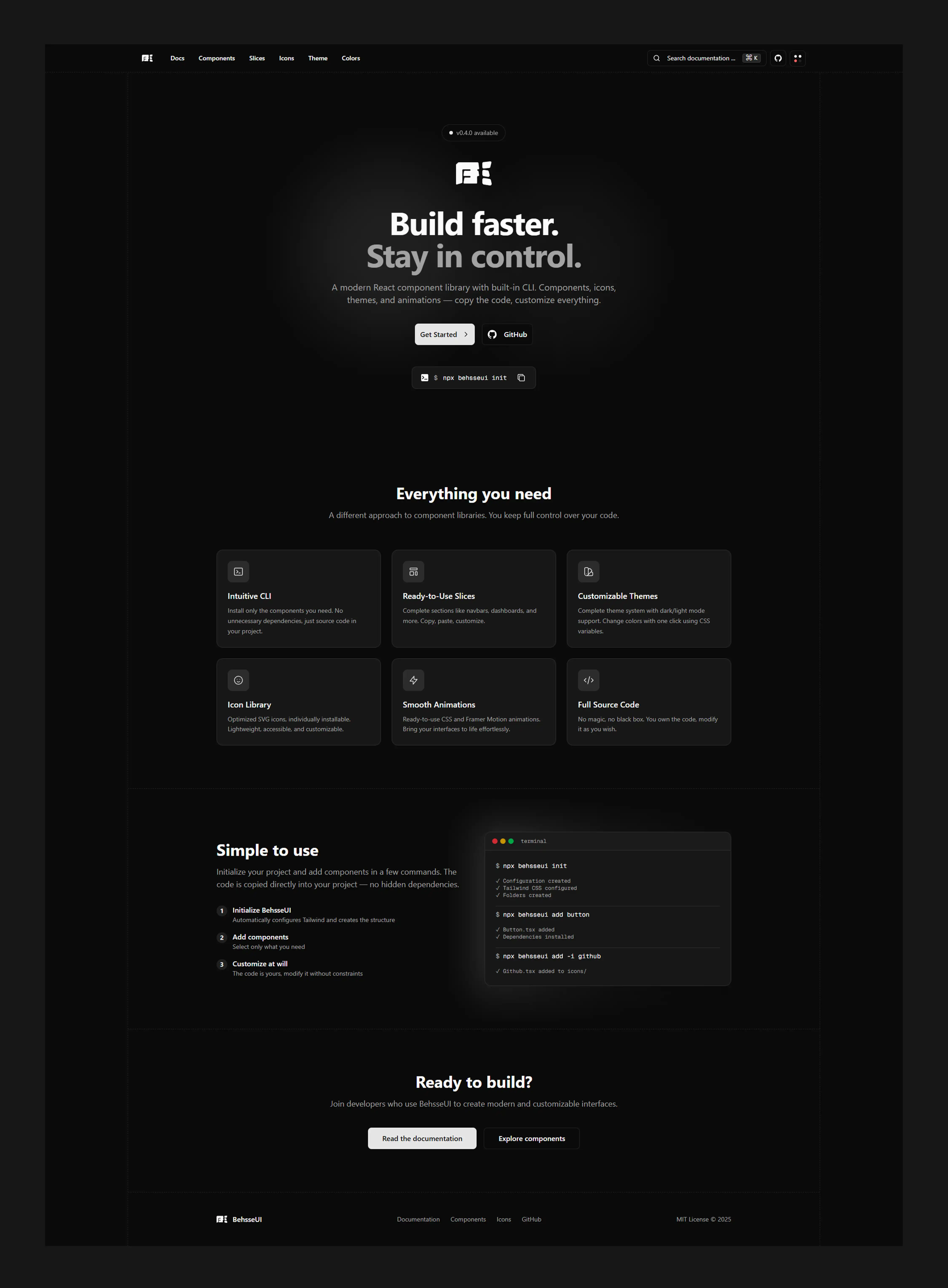 La page d'accueil complète de Behsse UI