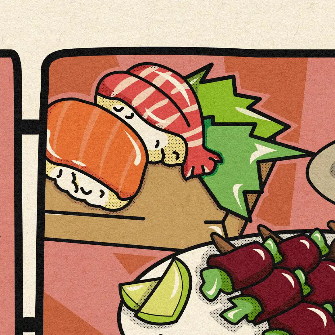 Détail du sushi saumon et de la crevette, posés sur leur planche