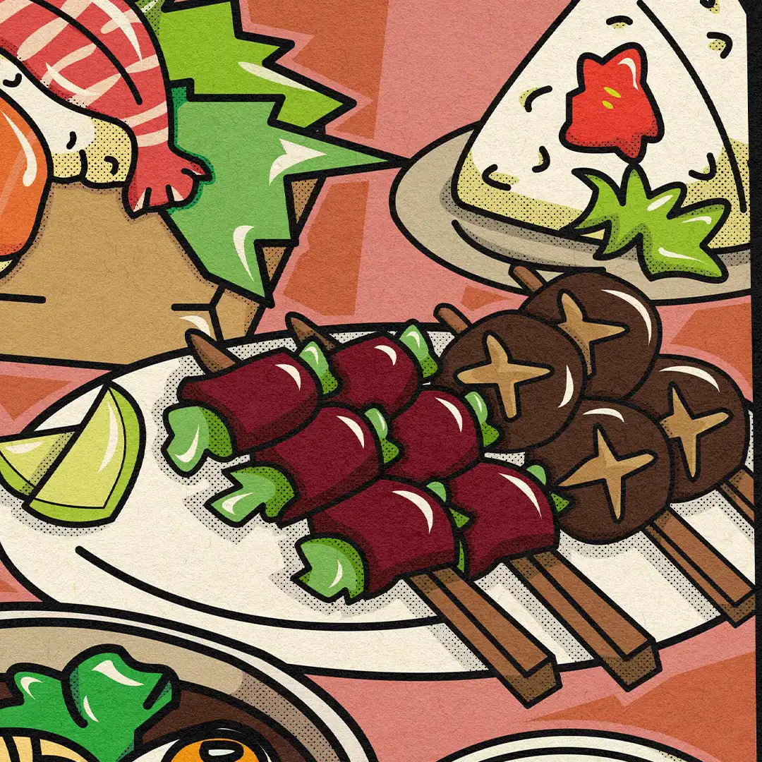Détail de l'assiette de brochettes de bœuf et de shiitake, avec son quartier de citron vert