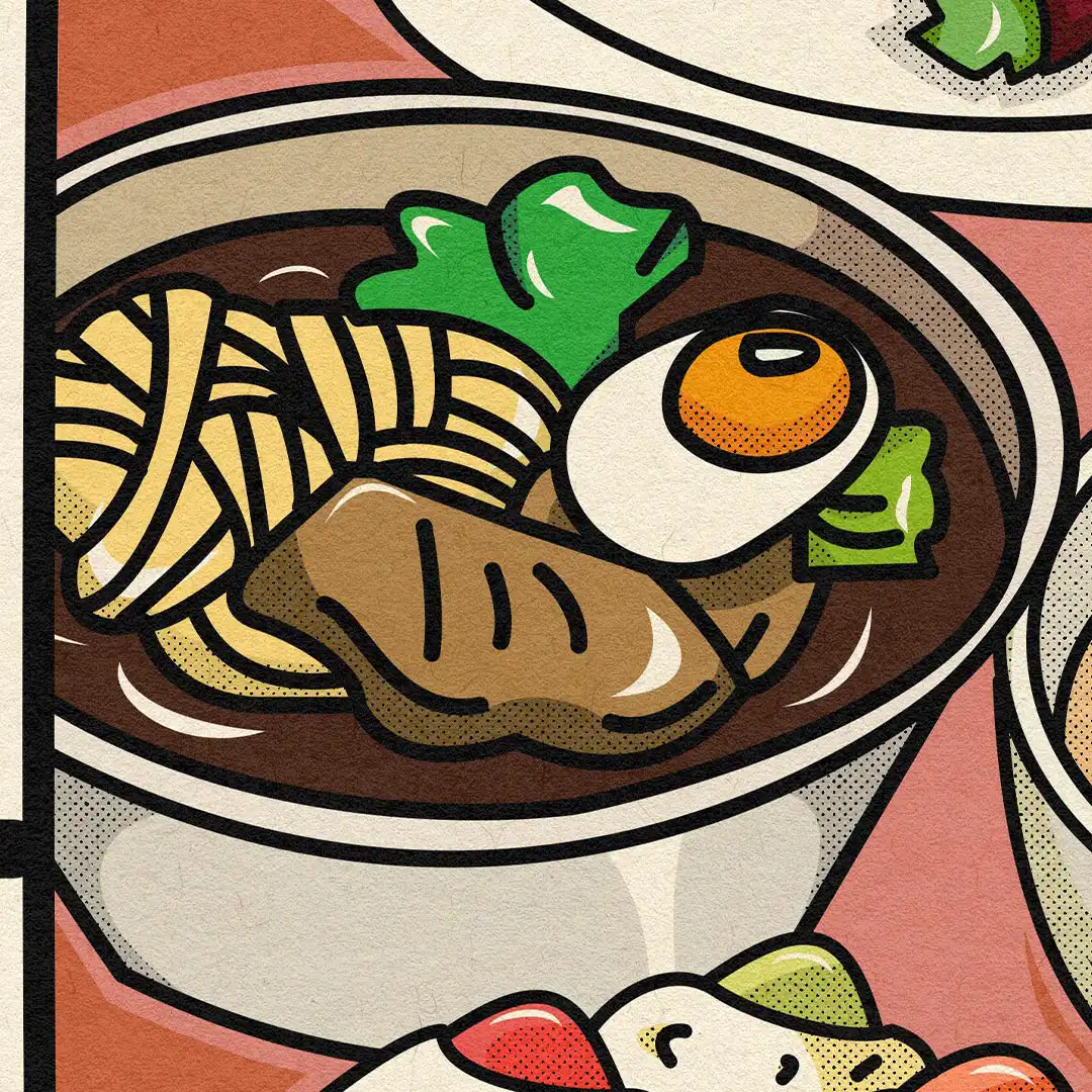 Détail du bol de nouilles : œuf mollet, viande et pousses vertes dans un bouillon sombre