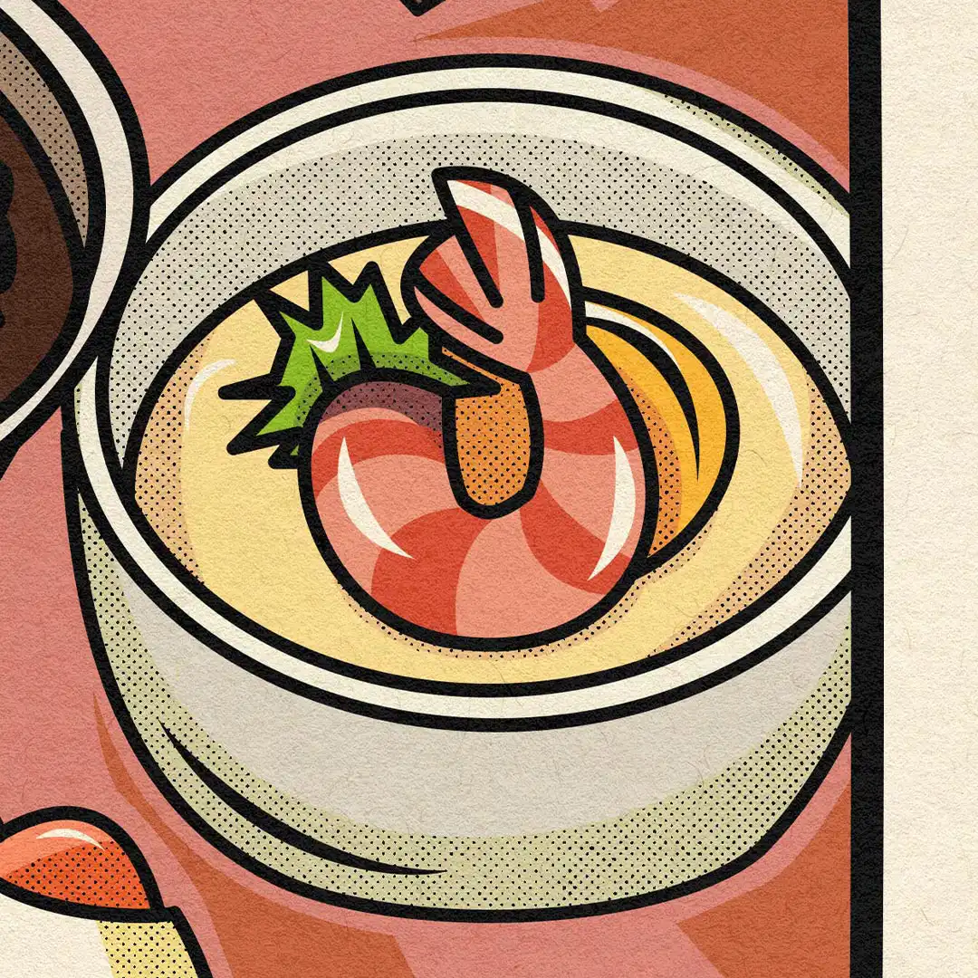 Détail du bol de soupe claire à la crevette
