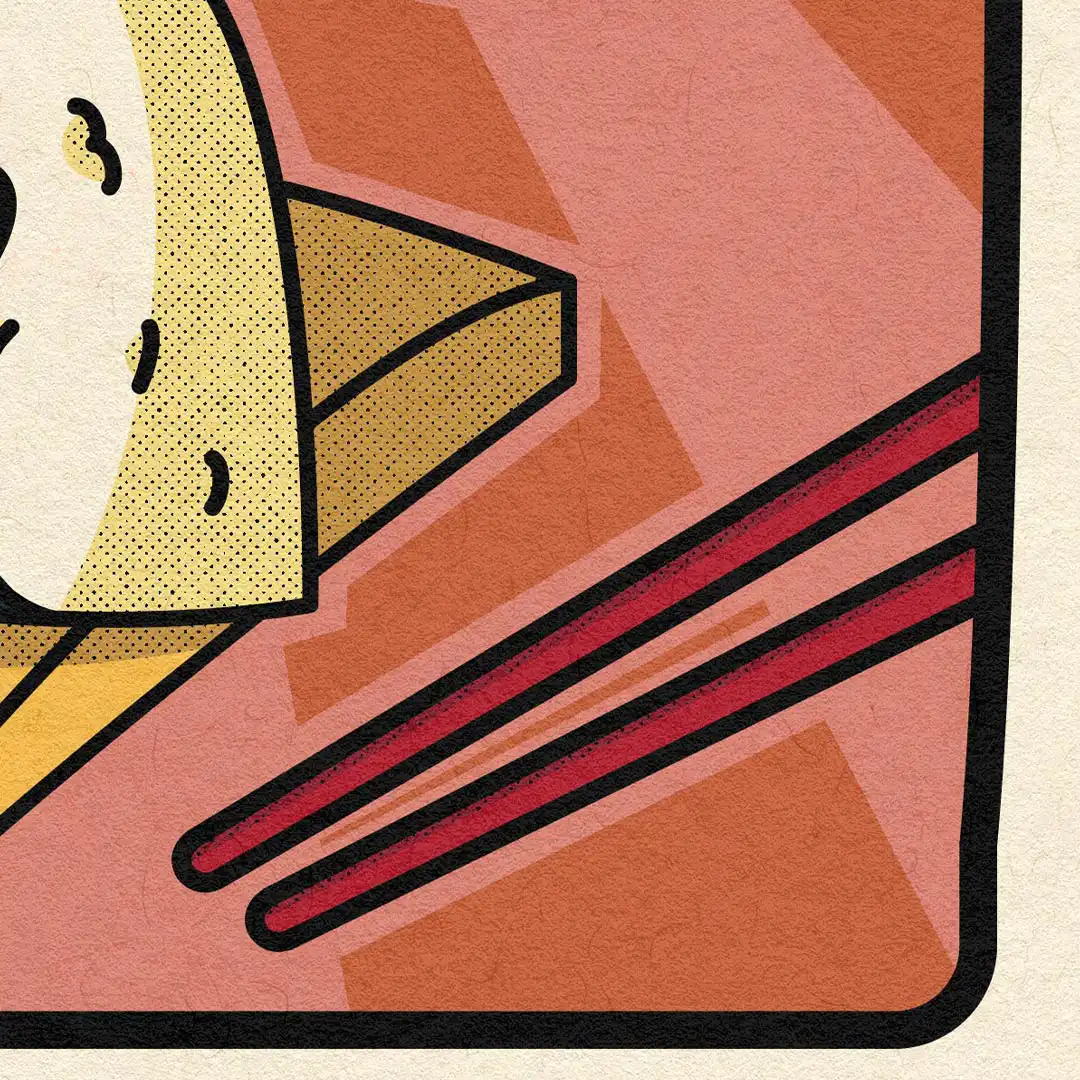 Détail du coin inférieur droit : la paire de baguettes rouges sur le fond rose