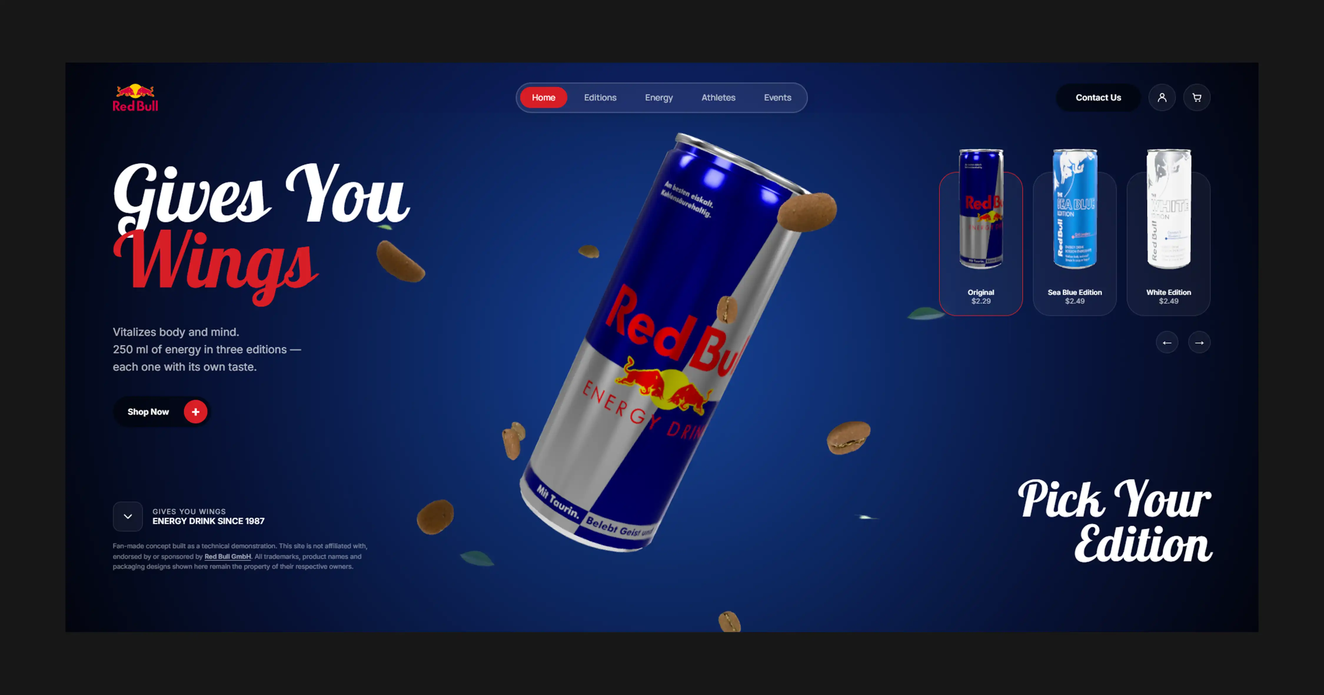 La page d'accueil du site : le titre « Gives You Wings », la canette au centre et le sélecteur des trois éditions